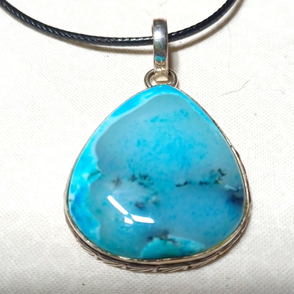 Blue marine dendrite opal pendant necklace handmade jewelry silver turquoise gem
